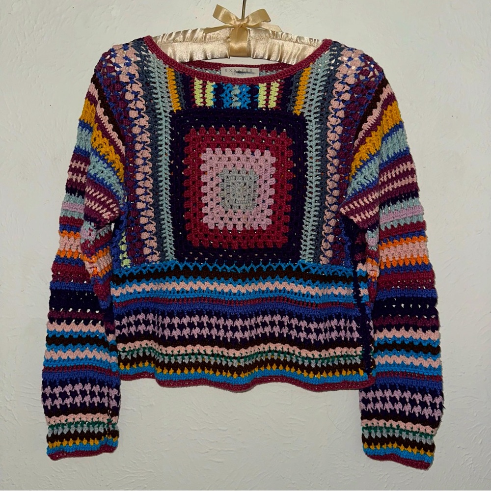 Vintage Express TriCot Colorful Crochet Granny Sweater
